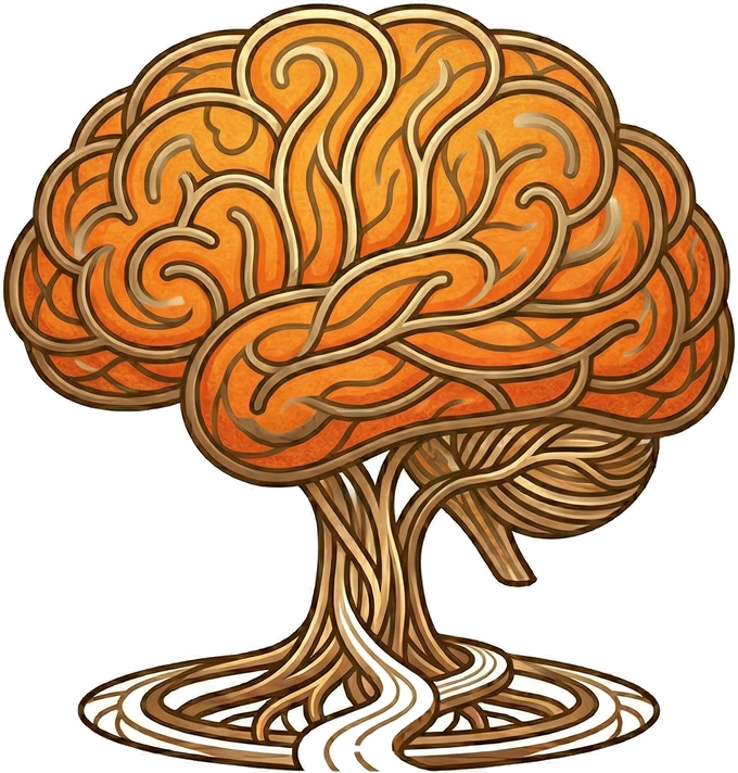 The Headacity brain-tree — a mind growing like a tree, roots spreading like paths